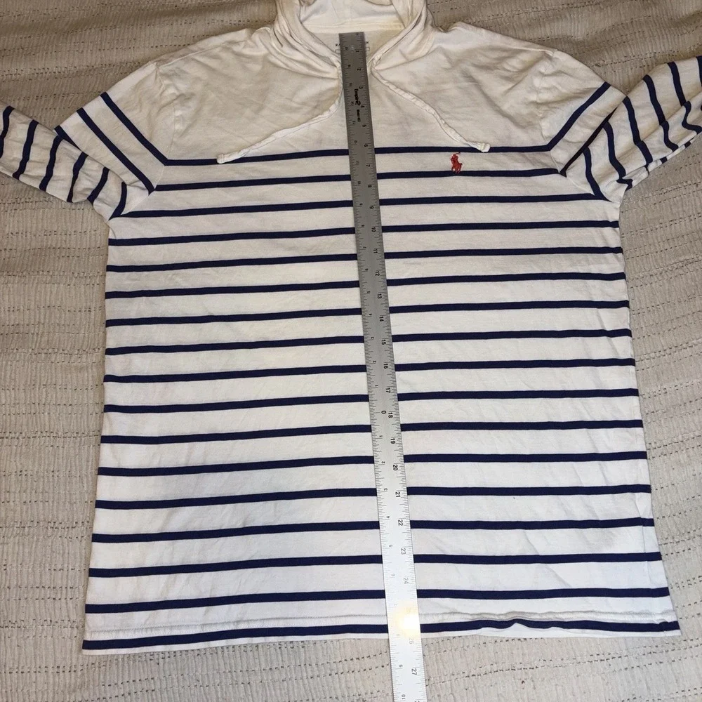Polo Ralph Lauren Hooded Striped Shirt Mens Medium‎ White Blue Pony Logo Hoodie